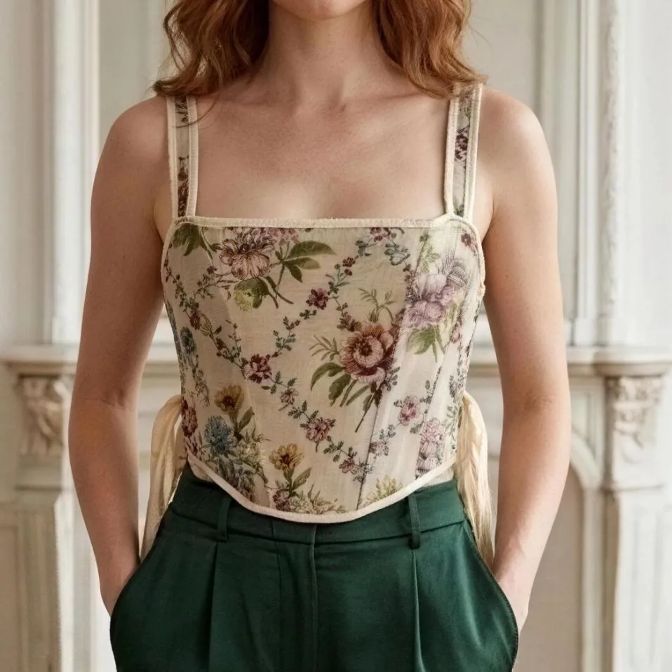 Corset Top With Fish Bone Straps Vintage Floral Camisole, Side-tie Slim-fit Top Side-tie Shape Wear For Women 93K0 view 3