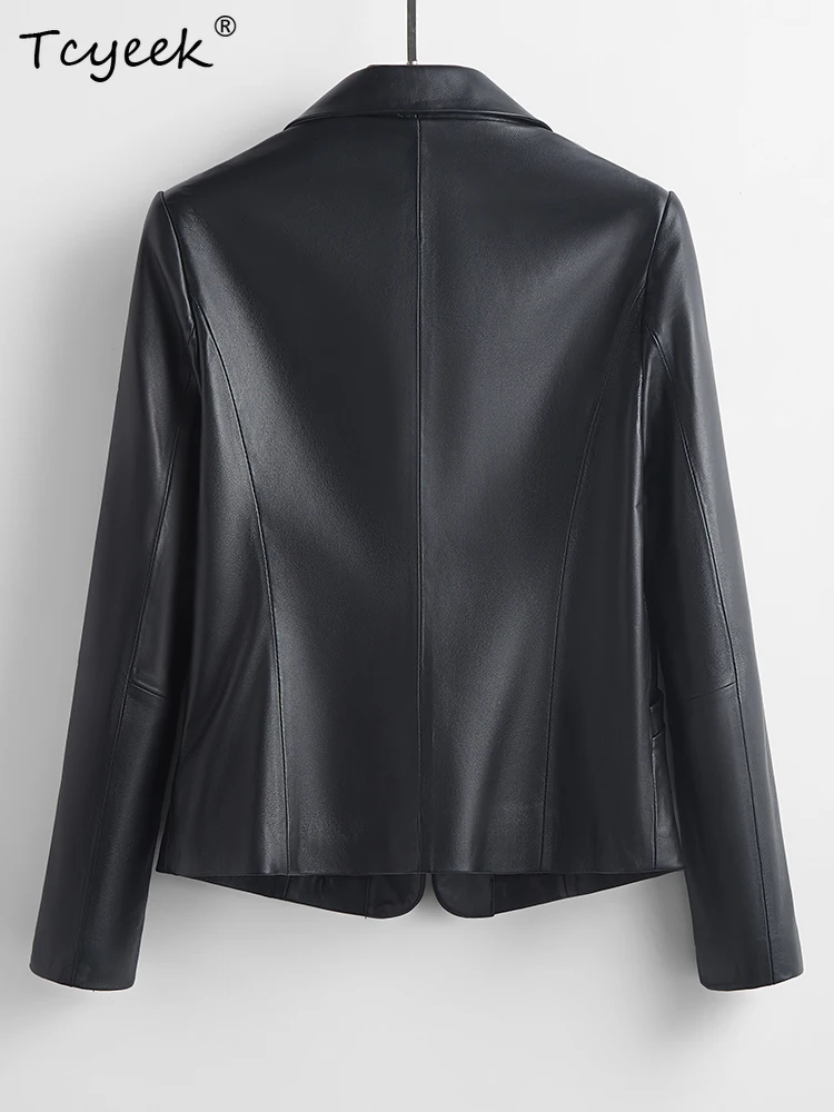 Tcyeek Damska Kurtka Skórzana z Prawdziwej Owczej Skóry Wiosna Jesień Kołnierz Garniturowy Długi Rękaw Krótka Czarna Kurtka Garniturowa Chaqueta Cuero Mujer
