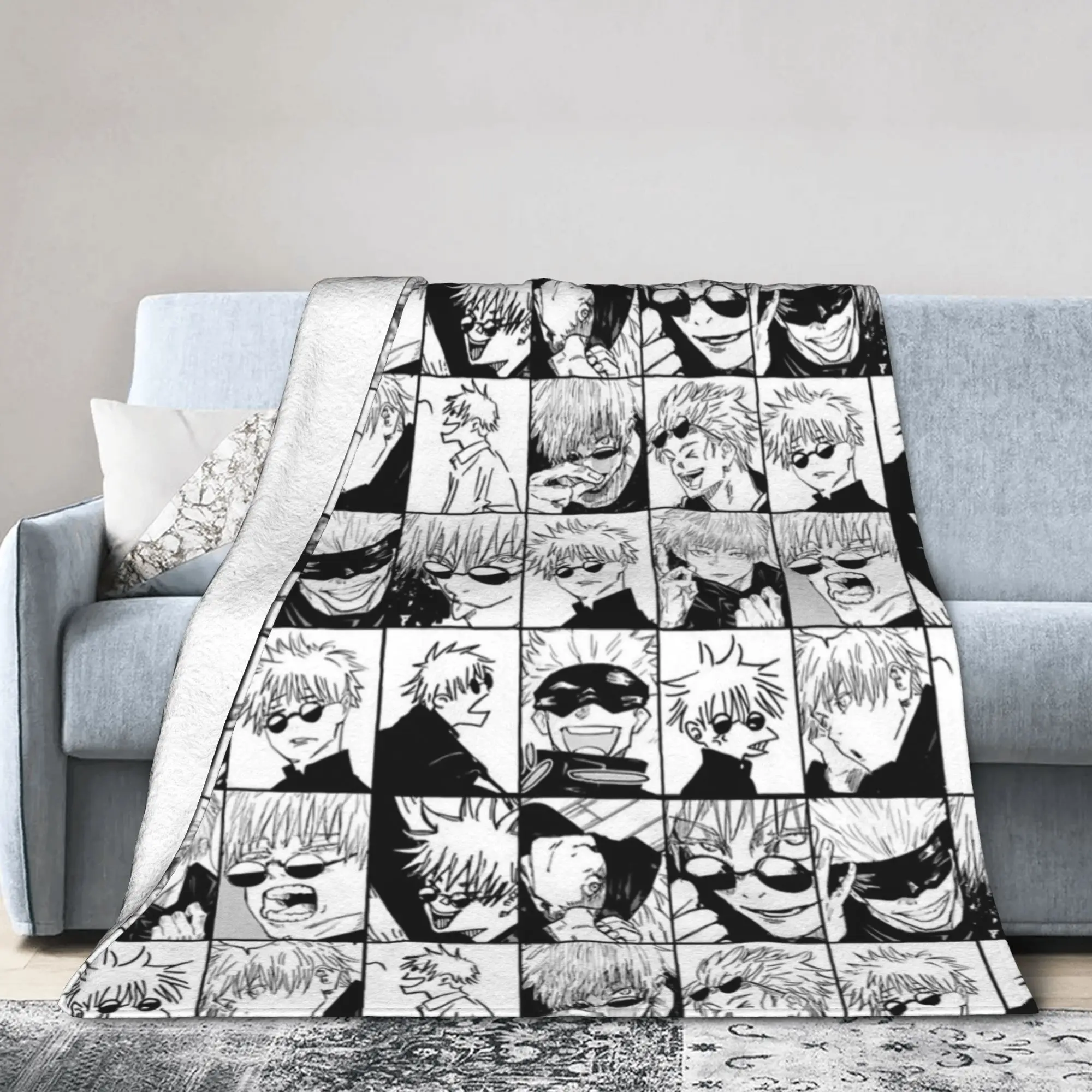 Gojo Satoru Manga Collage Blankets Flannel  Winter Anime Jujutsu Kaisen Soft Throw Blanket for Bedding Outdoor Bedding Throws