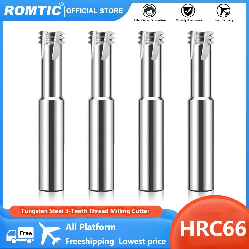 

ROMTIC Tungsten Steel Carbide 3-Teeth Thread Milling Cutter HRC66 For Aluminium CNC Mechanical Machining End Mill Tools M2M3M4M5