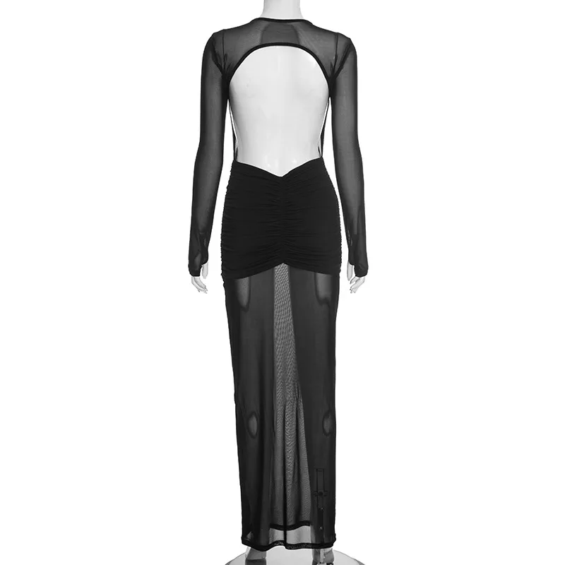 Fmxires 2025 New Mesh Long Sleeve High Slit See-Through Maxi Dress Mock Neck Sexy See-Through Dress For Photoshoot