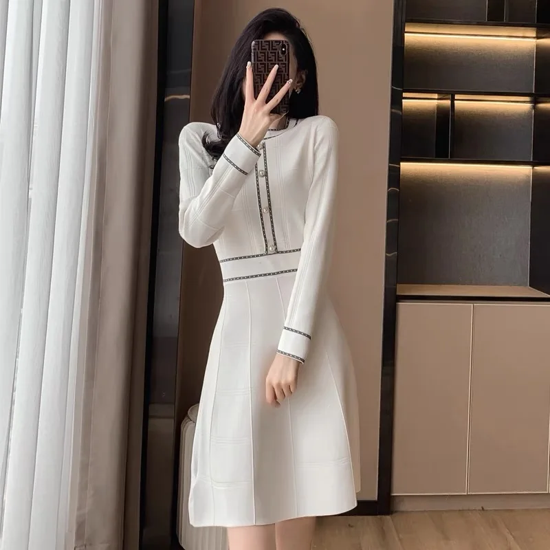 

Women Temperament Elegant Pullovers Knitted Dress Autumn Winter Fashion Chic Button Comfortable Soft Wool Vintage Dresses