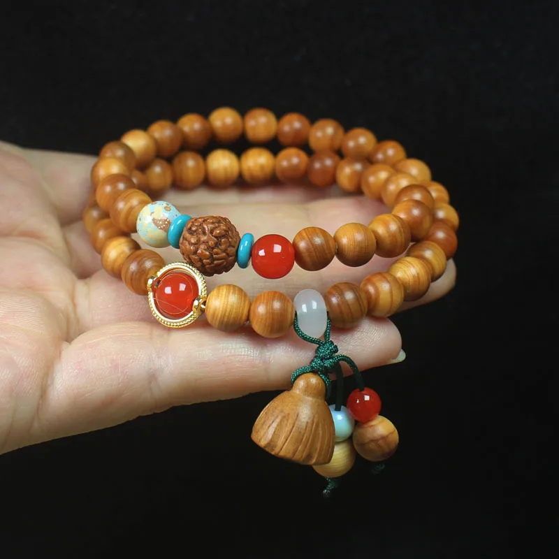 Cypress Horizontal Pattern 8mm Double Circle Bracelet Wood Seedpod Pendant Collectables-Autograph Rosary Prayer Beads Jewelry