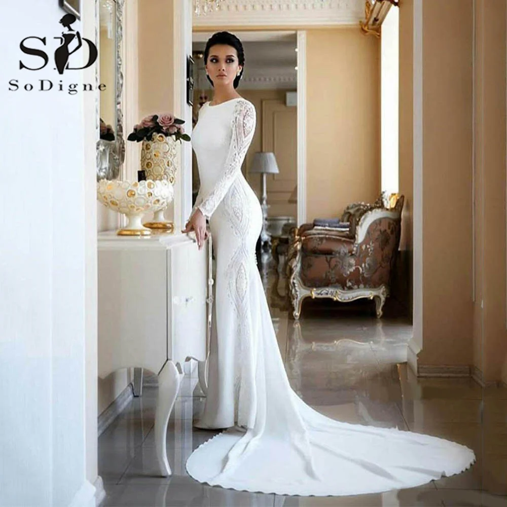 

SoDigne Muslim Mermaid Satin Lace Wedding Dresses For Women 2023 Long Sleeves Arabic Bridal Dress Elegant Bride Gown