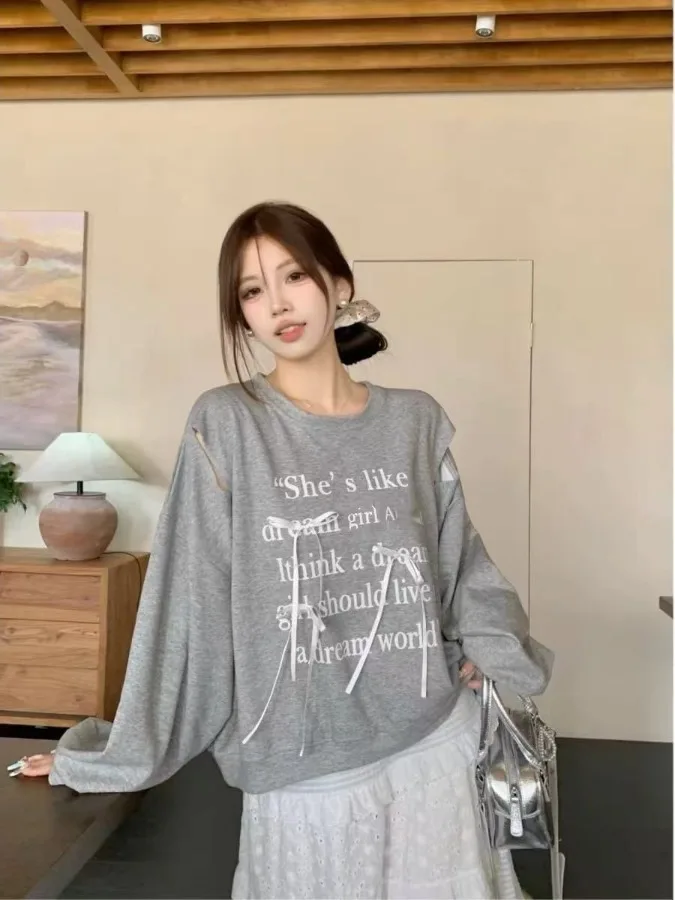 oulder Bared Coreano Sle Dolce Giovane 3D Nodo Design Felpa Donna Autunno Inverno Strato Base Dimagrante Pigro S...