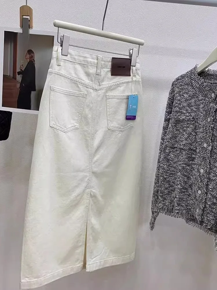 

Юбка трапециевидной формы с высокой талией, женская корейская джинсовая юбка с разрезом для похудения, бежевая, летняя, Новое поступление, повседневная, свободная посадка