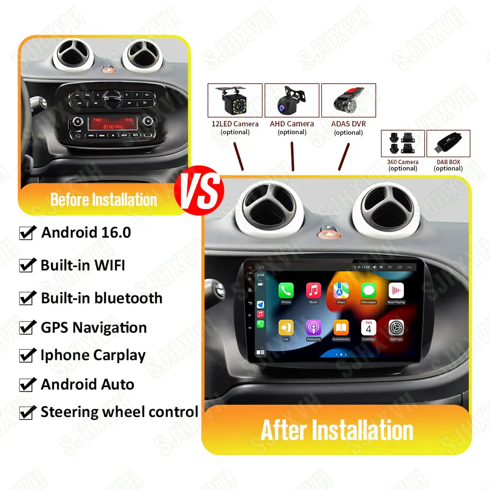 Android 16 para mercedes smart 453 fortwo 2014 - 2020 autoradio reprodutor multimídia qled 1280*720 tela carplay rádio do carro 2din dvd
