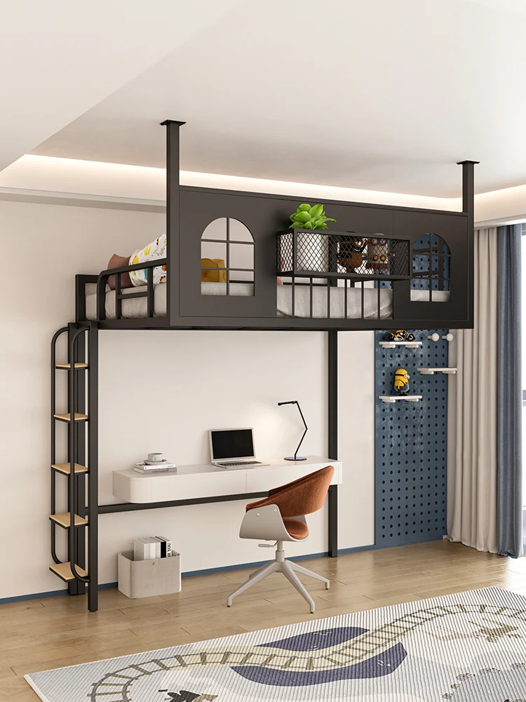 Modern wrought iron loft bed space-saving elevated bed floor empty simple small apartment wall-mounted frame empty bed hammo