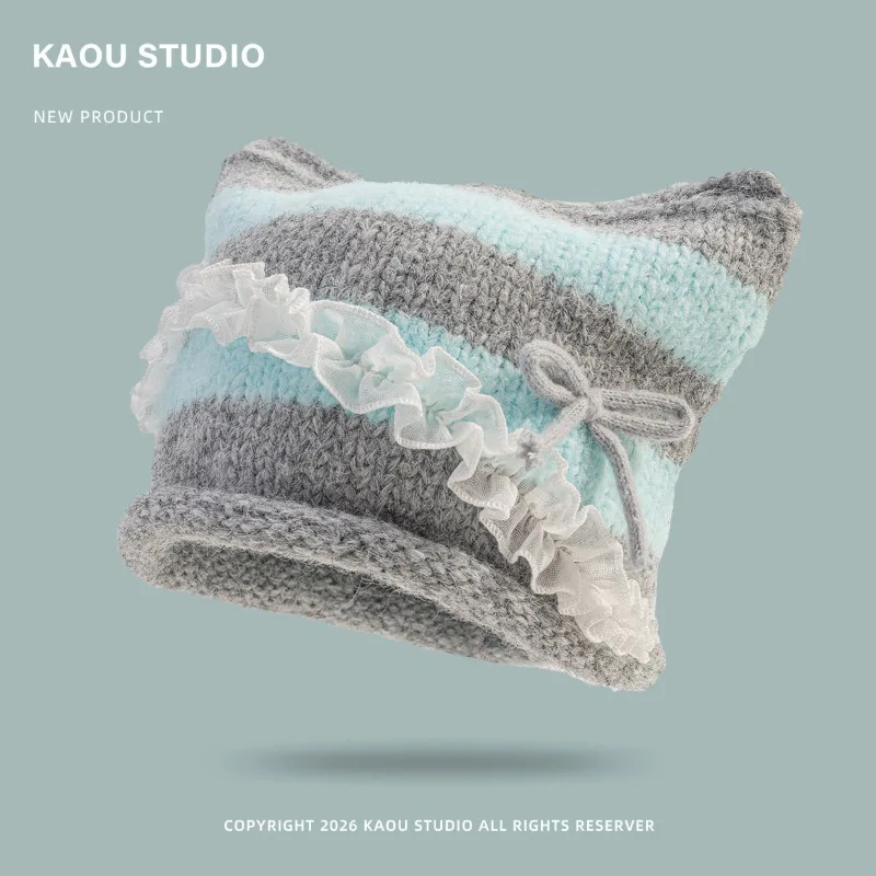 Koreanischer Stil, süße Schleife, Strickmütze mit Katzenohren für Damen, Spitze, im „Ins“-Stil, warme Strickmütze für Herbst und Winter, schützt die Ohren. – Detail 5