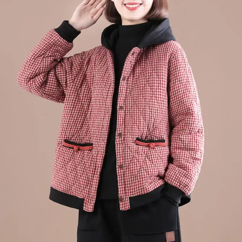 Women\'s Plaid Hooded Padded Jacket Autumn Winter Warmth Jacket Parka Retro Korean Fashion Free Shipping Wholesale Cropped Top