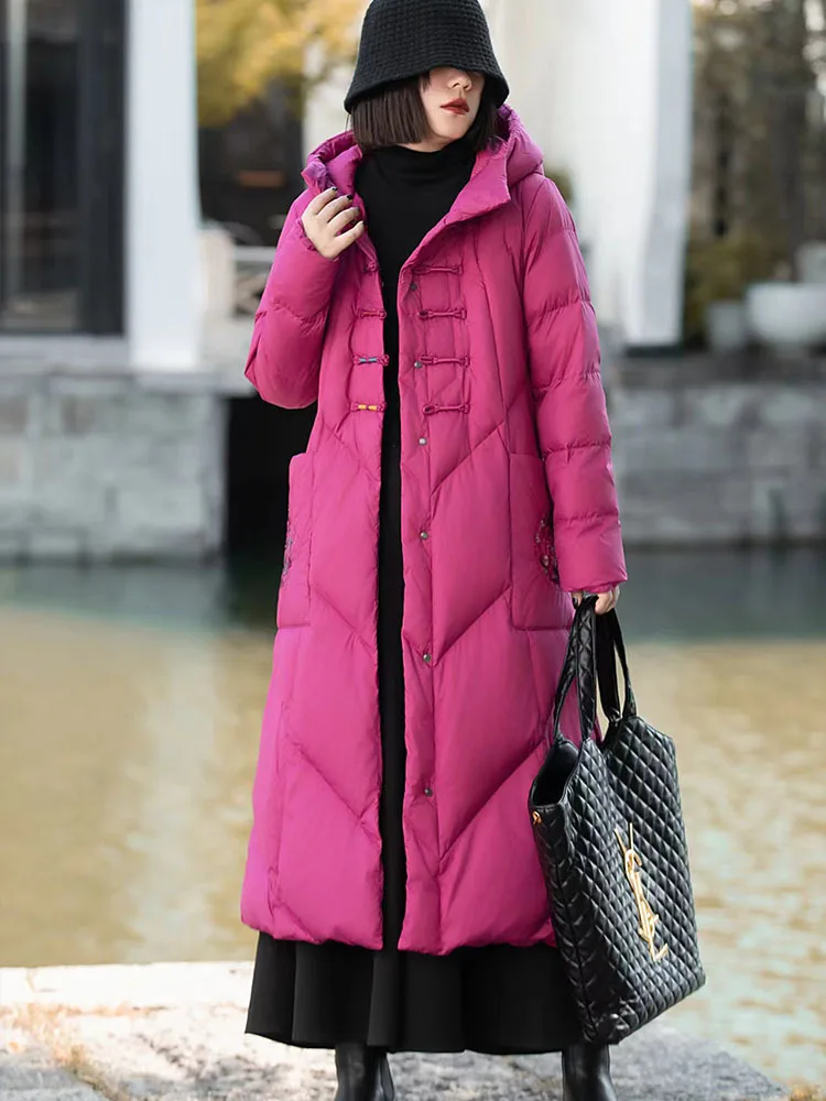 White Duck Down Jacket Knee Length Winter Buckle Hot Selling Chinese Style Warm Mid Length Down Jacket 2024