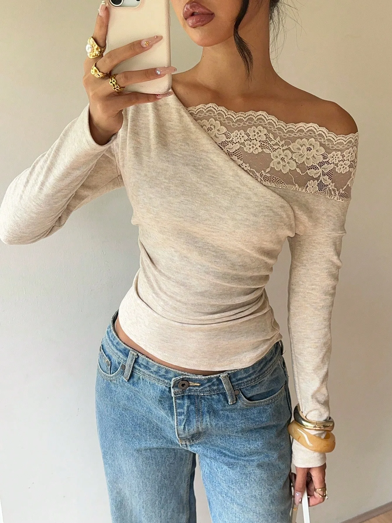 Sexy Lace Splice Long Sleeve Short Base Shirt Women's Fashion High Waist Polyester T-Shirt Folded Shoulder Pure Desire Match All