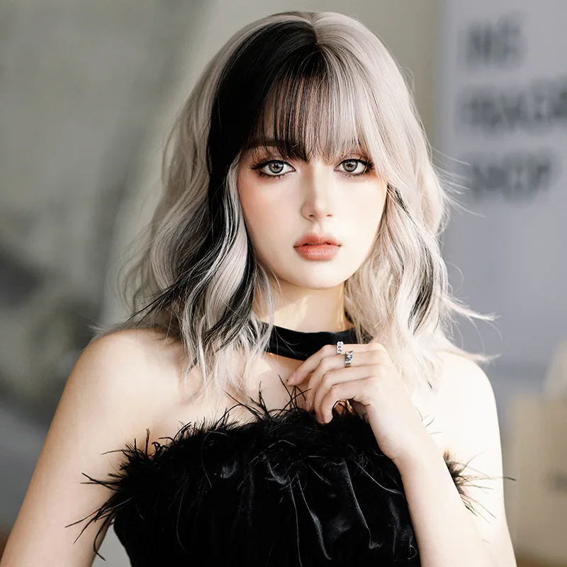 RANYU Silver gray powder female daily role-playing synthetic curly wig fluffy bangs heat-resistant Lolita wig