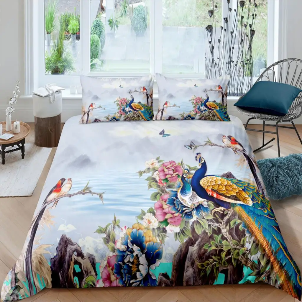 

Animal bed linen set 3d peacock printed bed cover soft quilt cover pillow bedroom only twin queen king size home