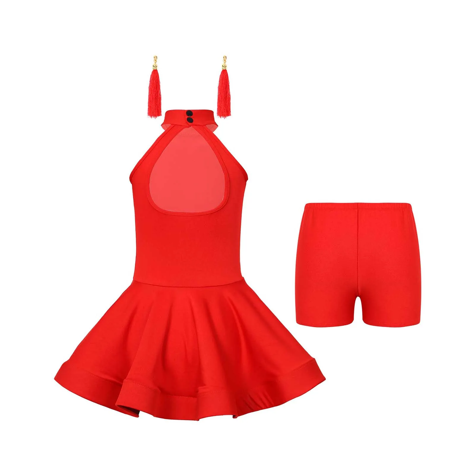 Kids Girls Latin Dancing Clothes Set Sleeveless Shiny Rhinestones Dress + Elastic Waistband Boxer Shorts + Tassel Earrings 3Pcs