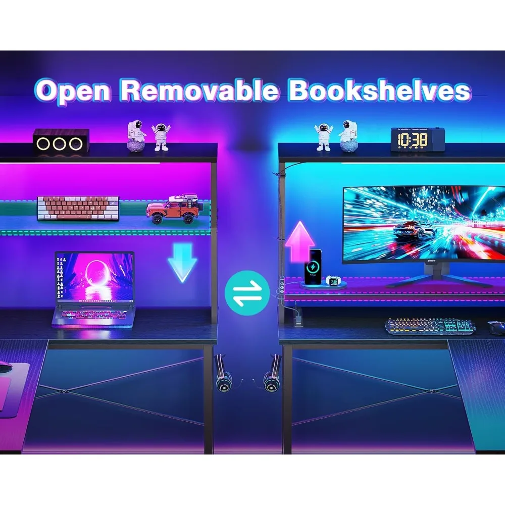 L Shaped Desk Gaming Desk with LED Light & Power Outlet, 53 Inch Reversible L Shaped Computer Table with Shelf & Storage Bag