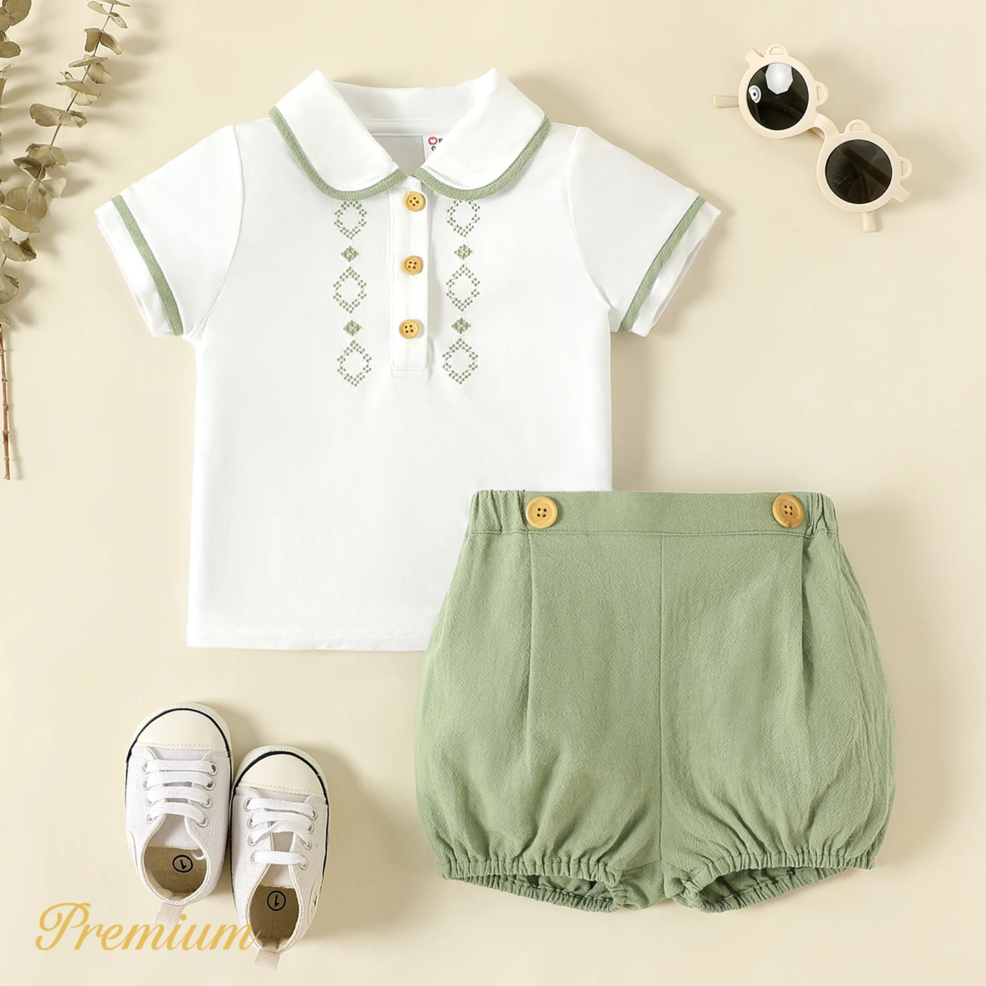 PatPat 2pcs Baby Boy/Girl 100% Cotton Solid Shorts and Embroidered Short-sleeve Polo Shirt Set