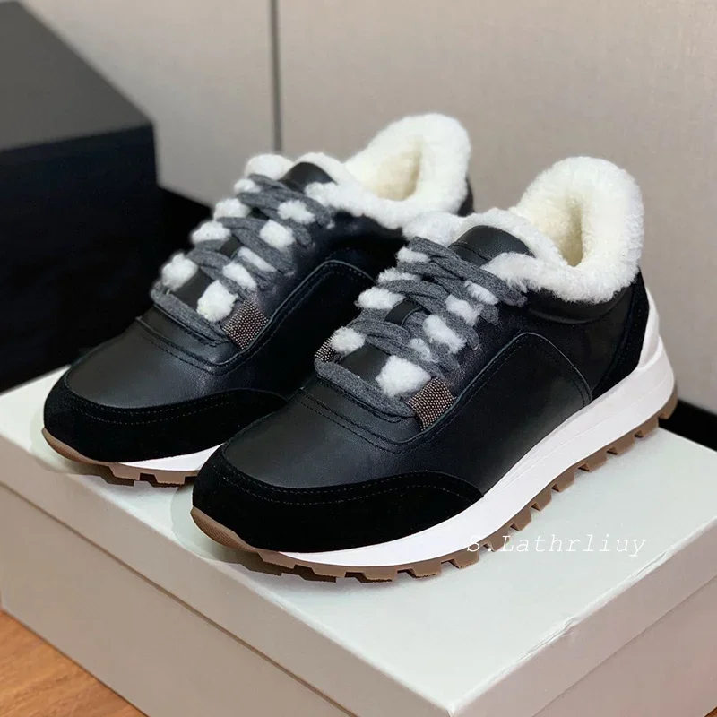 Women String Bead Flat Shoes Round Toe Mixed Color Lace Up Breathable Sneakers Winter Thick Sole Real Wool Lining Casual Shoes