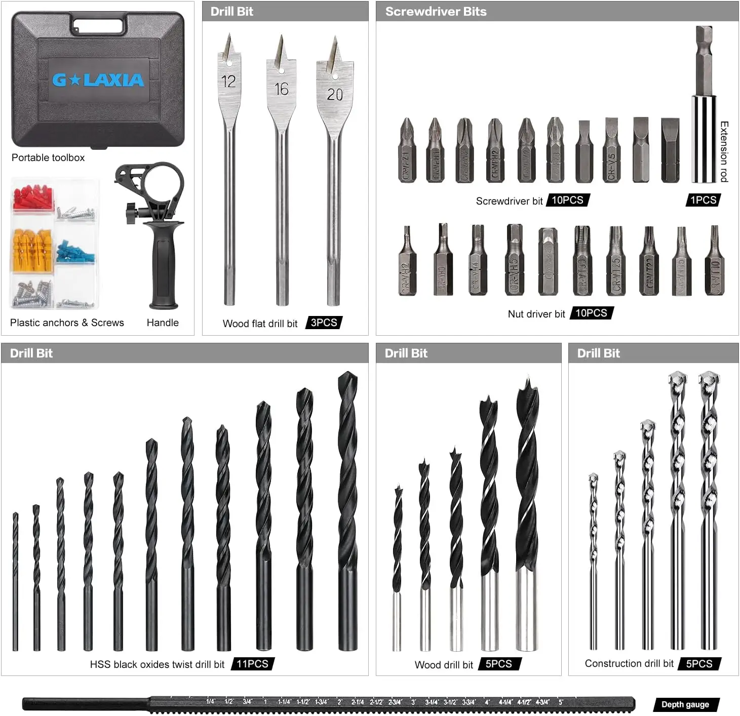 ハンマードリル 4.5A 1/2インチ コード式、0-3000RPM 可変速度、105ピースビットセット、キャリングケース