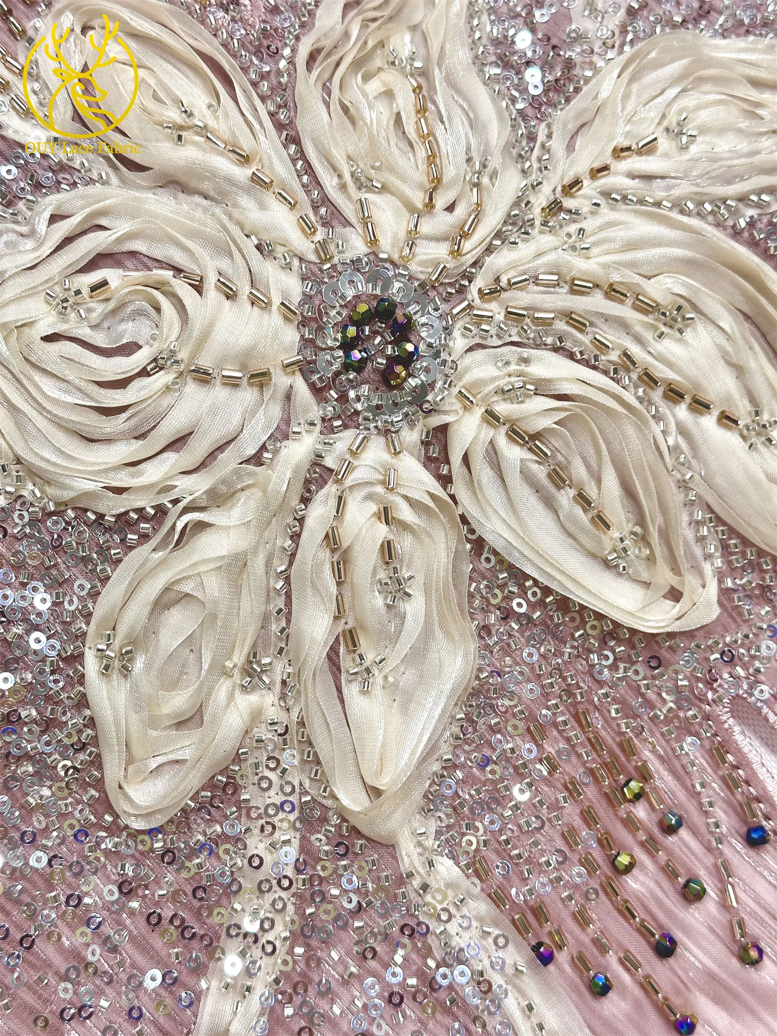 3D-Blumen-Tüll, afrikanischer Spitzenstoff, eleganter französischer nigerianischer Perlen-Pailletten-Mesh-Spitzenstoff für Damen, Hochzeitskleid-Design-Stoff – Detail 24