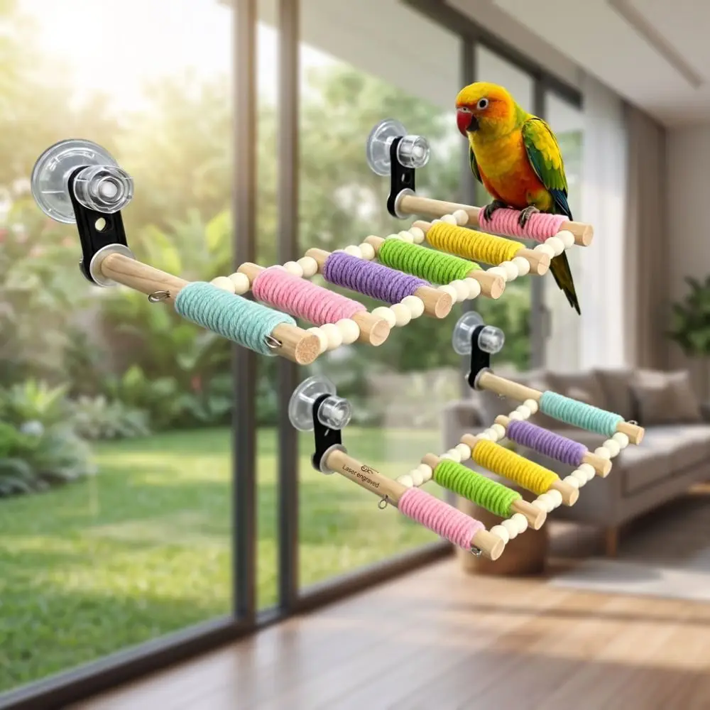 Colorful Bird Cotton Rope Ladder Suction Cup 5/6/7/8//9/10 Steps Wooden Bird Perch Wear Resistant Anti-anxiety Parrot Climbing