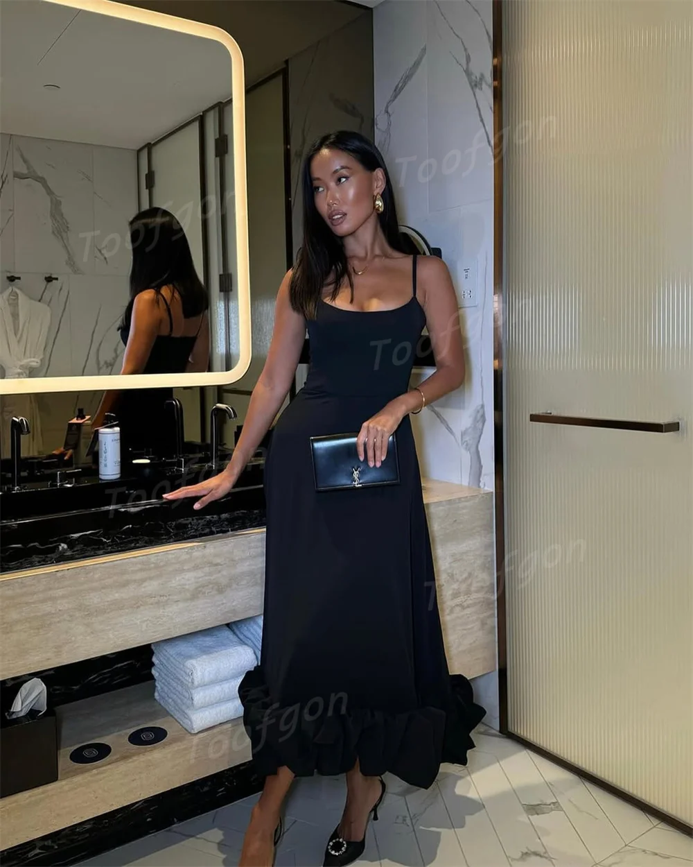 Toofgon Spaghetti Straps Black Prom Dresses A Line Puff Skrit Evening Party Gowns Customized Women Tea Length Homecoming Dress