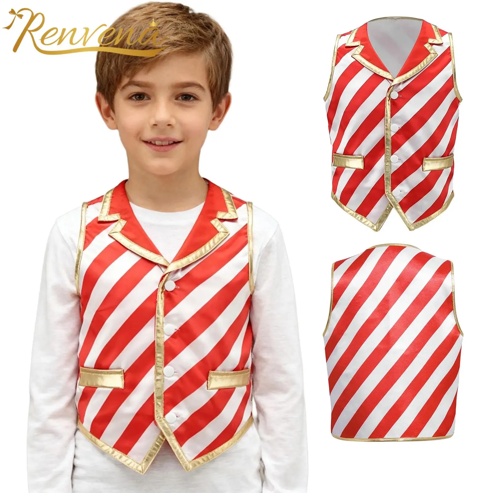 Boy's Striped Christmas Waistcoat Candy Cane Vests Dance Vest Xmas Santa Claus Costume Top Childs Festive Party Cosplay Costumes