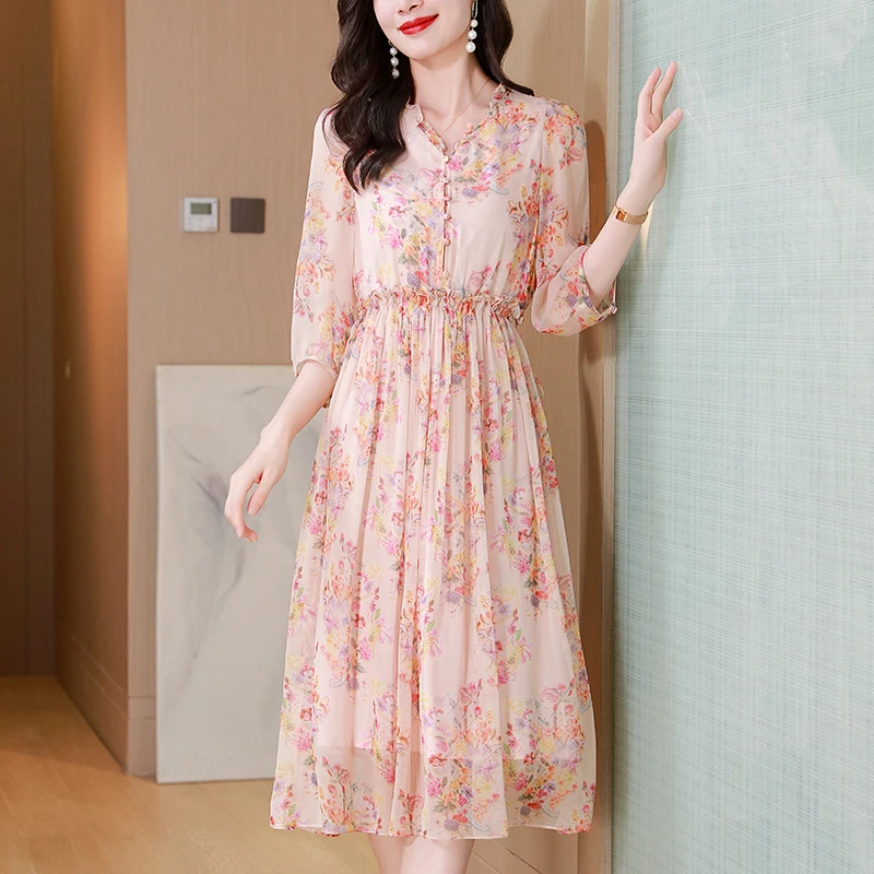 100% Real Silk Summer Vintage Dresses for Women Holiday Elegant V-neck Three Quarter Sleeve Floral Print Women's Long Dress