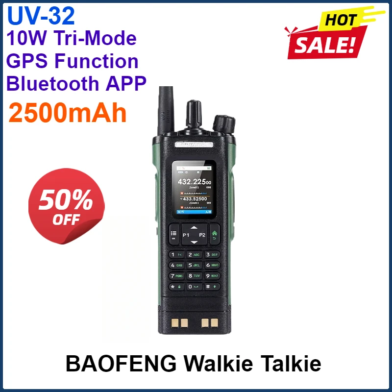 2500mAh BAOFENG UV-32 GPS Walkie Talkie 10W Tri-Mode Full Band Two Way Radios UV32 Bluetooth APP Write Frequency Type-C Charging