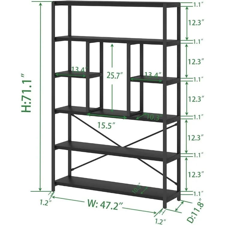 6 Tier Tall Black Bookshelf, Modern Large Wide Book Rack Storage, Industrial Wood Metal Etagere 6 Shelf Bookcase