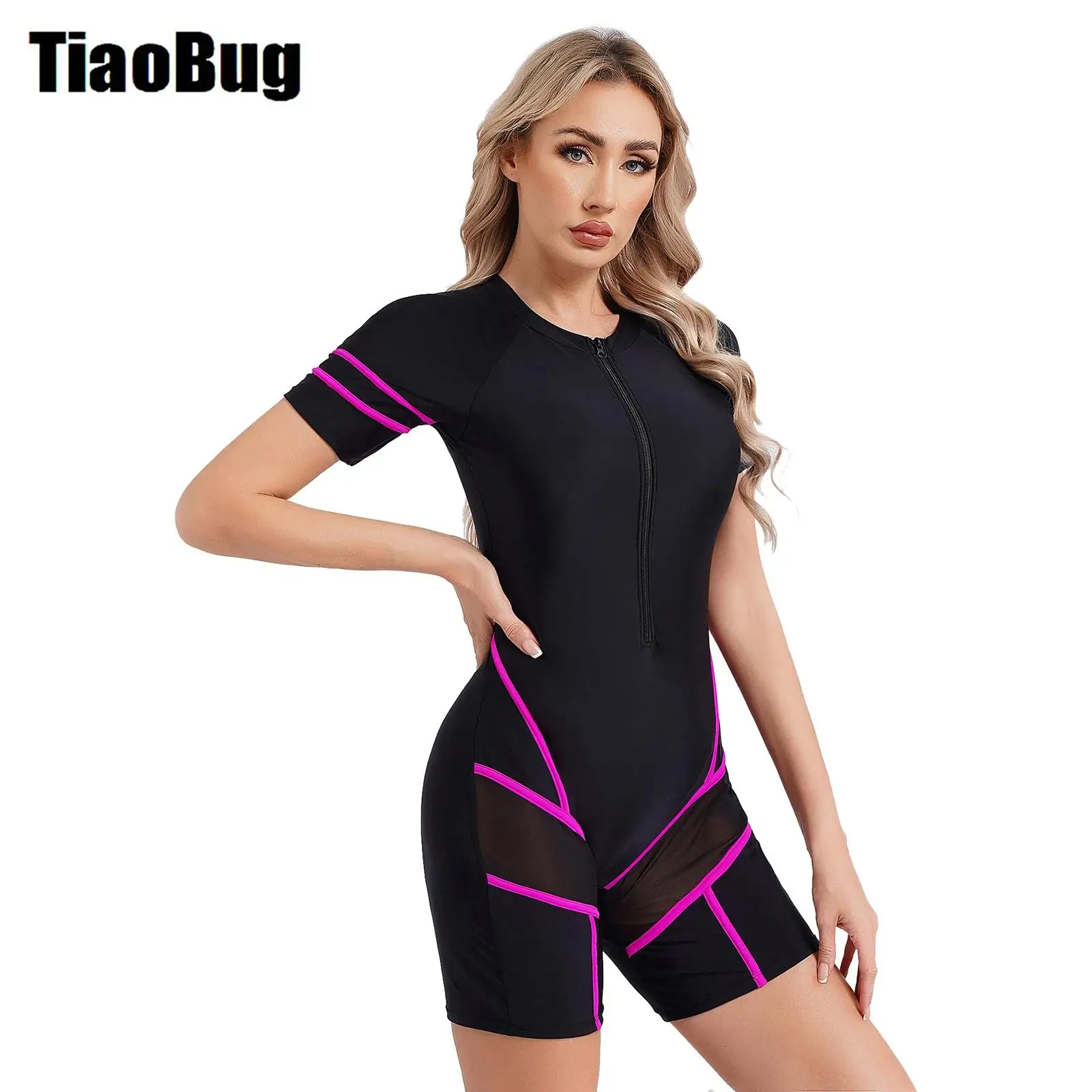 Women One-piece Athletic Swimsuit Short Sleeve Chest Pads Boyleg Zipper Swimwear Mesh Patchwork UPF 50 Rash Guard