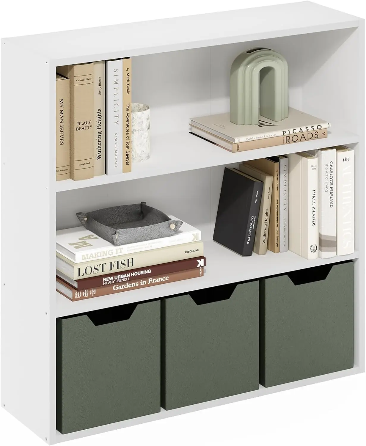 

Трехуровневая книжная полка с открытыми полками, простая в сборке, для гостиной, спальни, домашнего офиса, белая