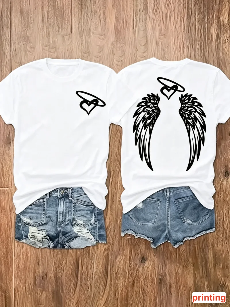 Angel Wings Back Print T-shirt Crew Neck Short Sleeve Heart Halo Graphic Tee For Casual Outdoor Daily Holiday Street Style