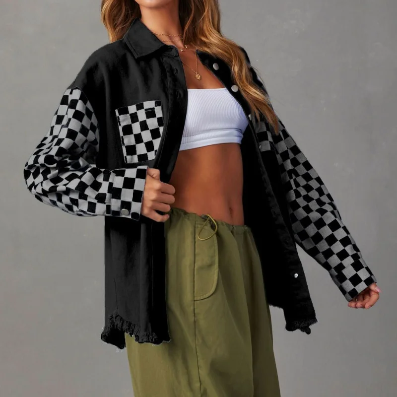 

European and American Autumn New Arrivals Fashion Casual Loose Plaid Color-Block Frayed Women