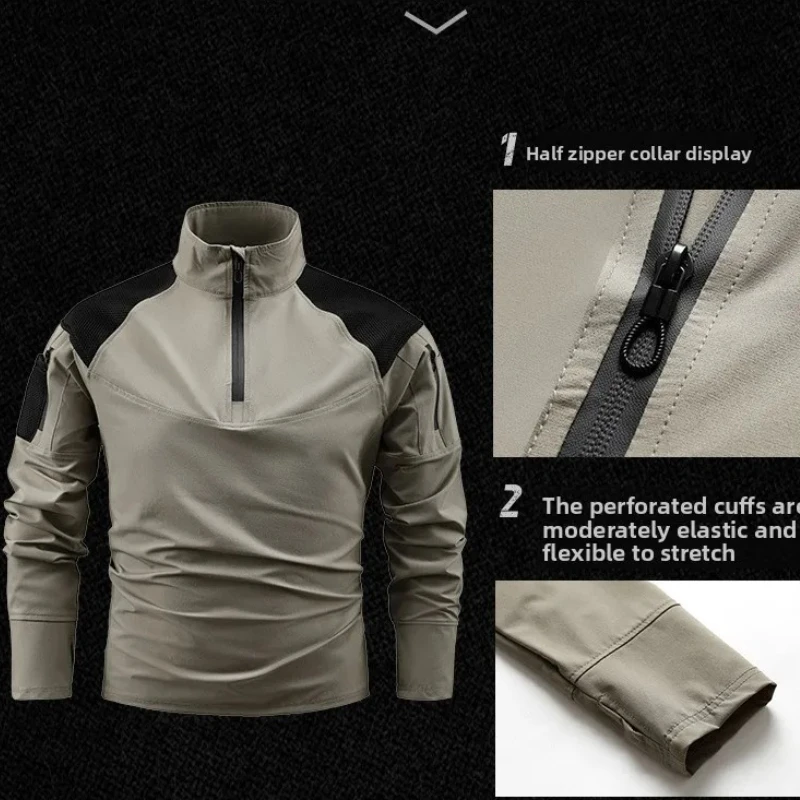 

Men Stretch Sports Training Pullover 1/3 Zipper Collar Tactical Frog Suit Outdoor Fishing Hiking Tee Shirt Multi Pocket Pullover