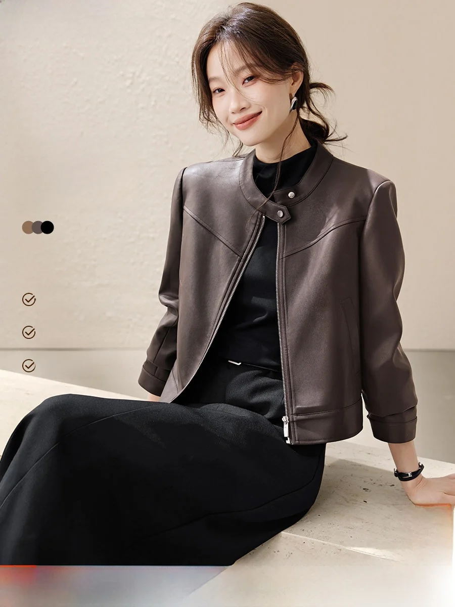 

Mehai Motorcycle Sle Long Sve Suede Jaet PU Leather Coat Autumn Faion Women's Clothing Commute Sle Straight Cut