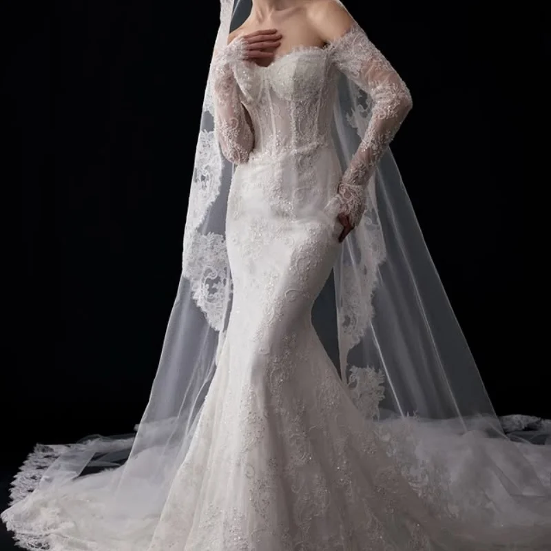 Lace white Appliques Wedding Dresses off-shoulder glitter decal fishtail Bridal tail Gowns Made Customized