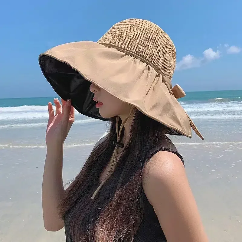 1 Stück Damen Sommer UV-Schutz Bucket Hat mit breiter Krempe, schwarzem Kleber und Schleife, Sonnenhüte, koreanische Mode, Mädchen Outdoor Strand Reisekappen