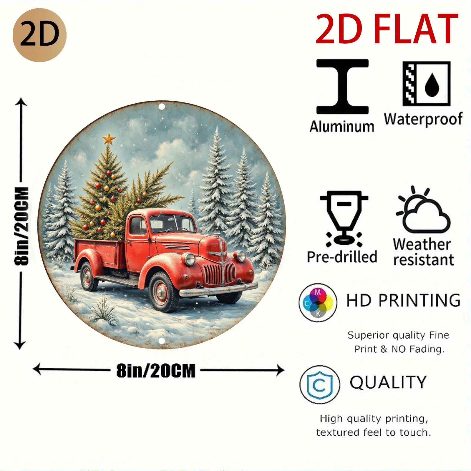 2D Flat - Retro Wall Art Featuring a Circular Tin Metal Truck with a Tree, Perfect for Decorating Homes, Garages, Or Cafes Durin