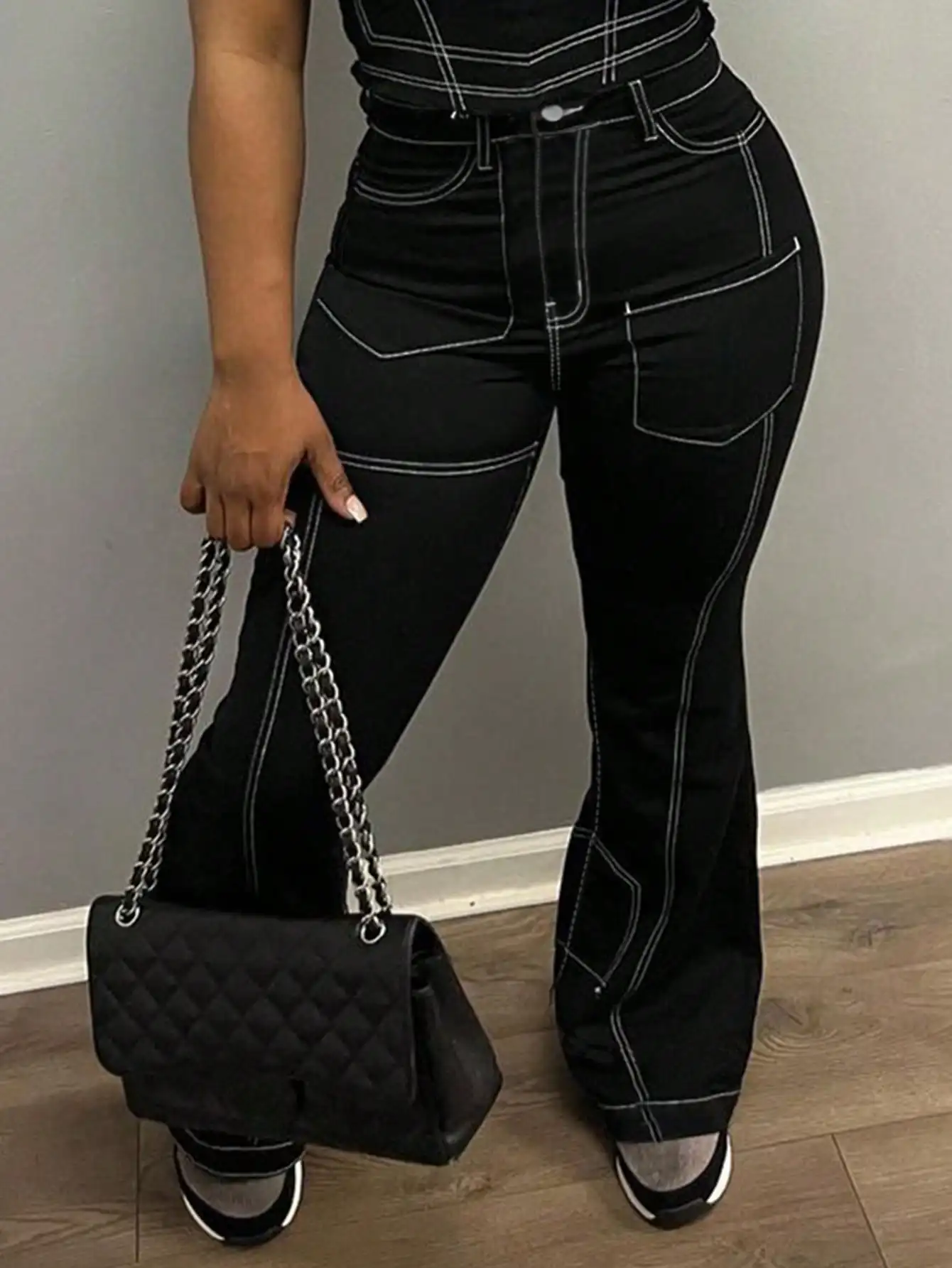 WGXWGX Women's High-Waisted Contrast Stitch Flare Jeans Black Denim Retro Streetwear Cotton Blend Comfortable Fit Retro Style