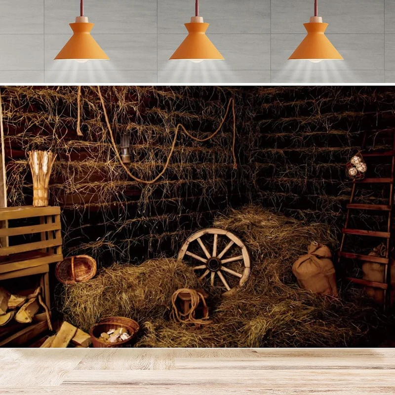 Fondo de fotografía de granero de granja, pajar, ballete de heno, rueda de casa de madera, cosecha de otoño, fondo del Salvaje Oeste, pared de fondo de fiesta