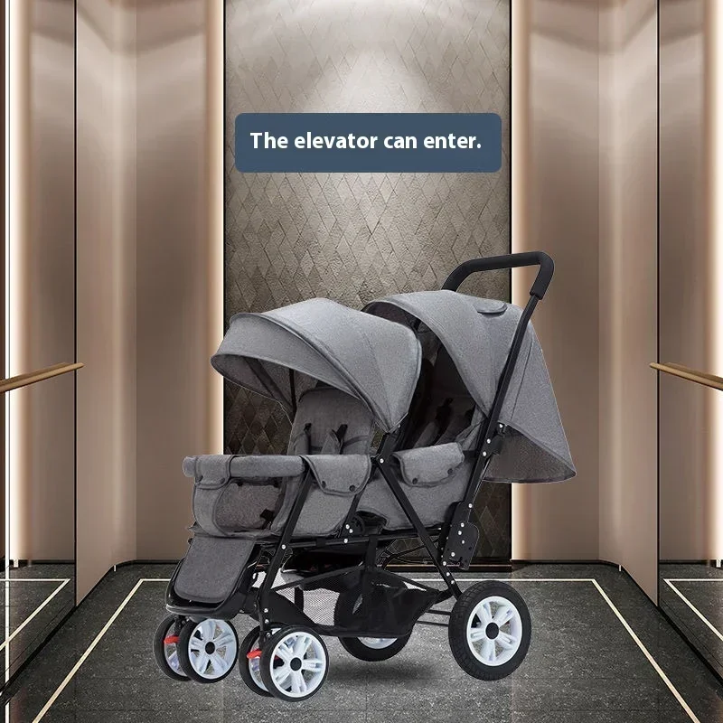 Image of Passeggino gemellare in STOCK UE Passeggino pieghevole a due posti Carrozzina con copertura antipioggia Sedili alti e bassi Freeshipping cod004