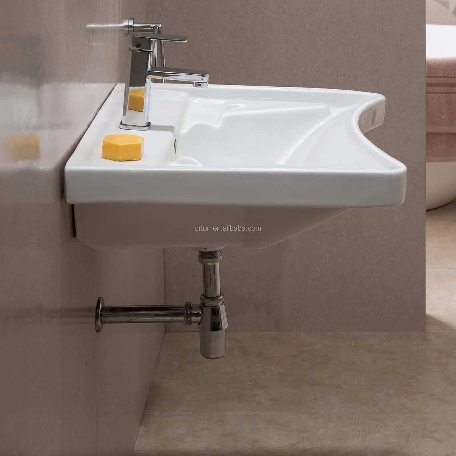 ORTONBATH Ergonomic Curved Wheelchair Accessible Wash Hand Basins Special Made For Disabled People ADA Ceramic Basins