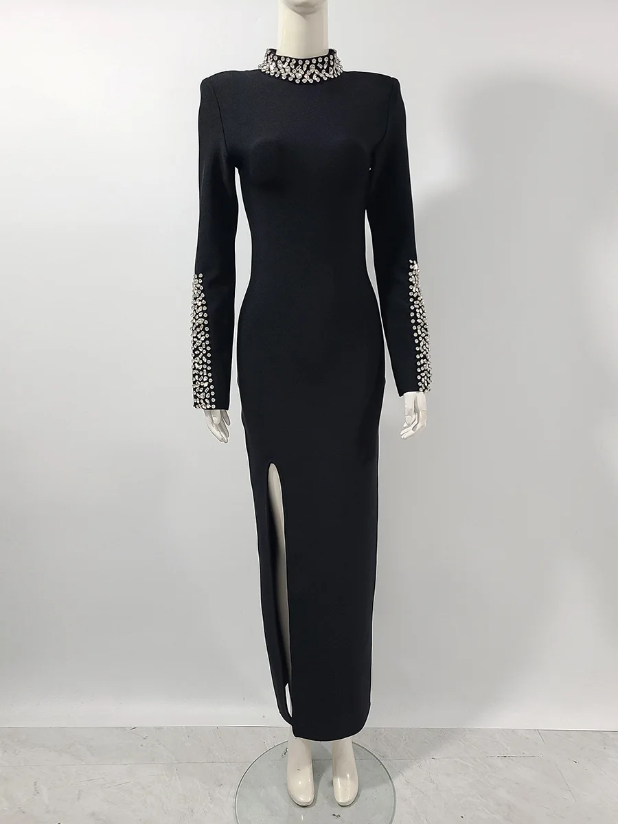 2025 Women's Fashion Round Neck Beaded Long Sleeve Sexy Bubble Beaded Slim Hip Dress Women's Elegant Long Sleeve One Step Skirt