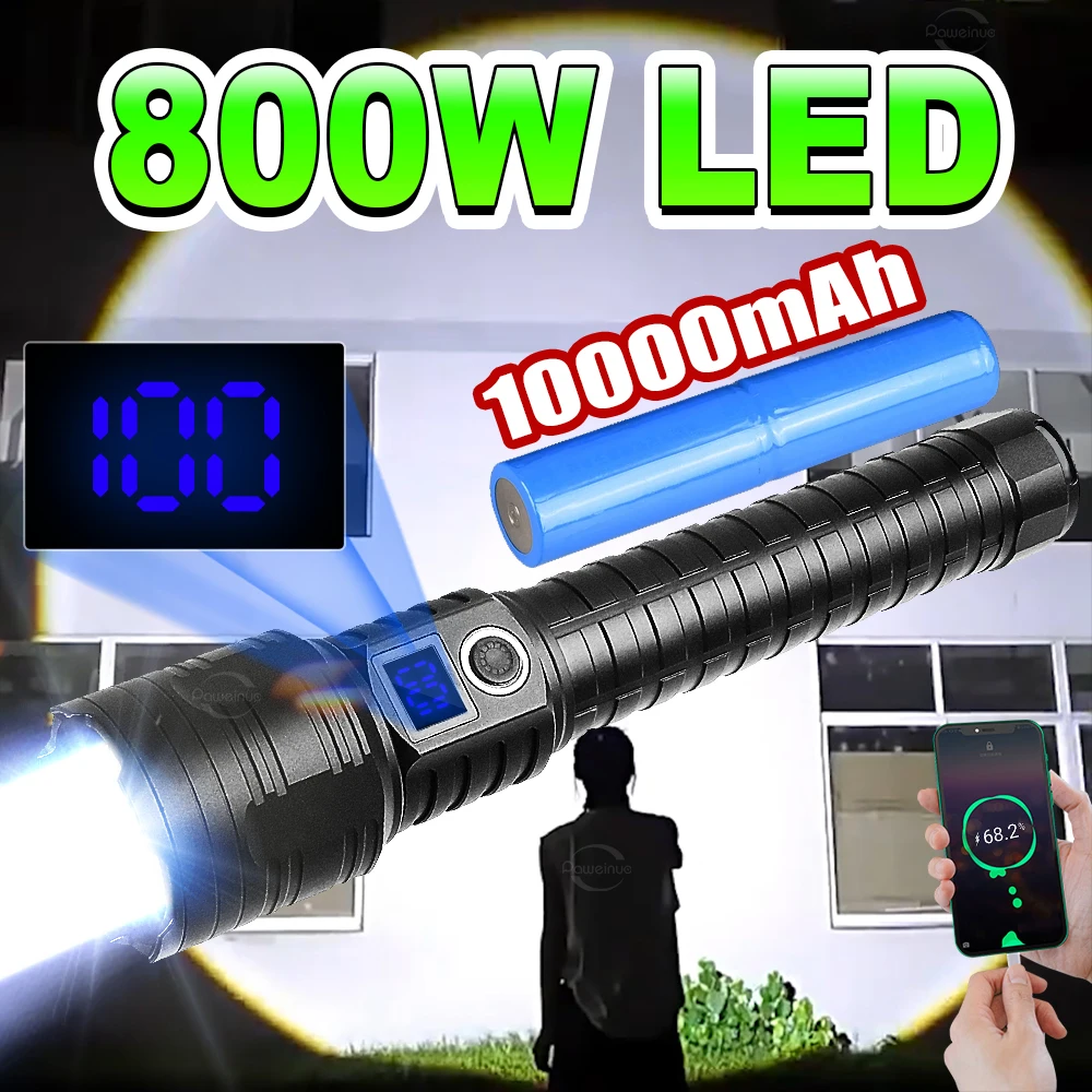 Powerful 800W Led Flashlight Rechargeable Waterproof Zoom Lamp 10000mAh Torch Light Brightness 3000M Camping Tactical Flashlight