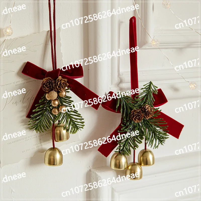 Christmas Pendant Small Bell Velvet Bow Christmas Tree Pine Cone Scene Arrangement Supplies Decorative Small Pendant