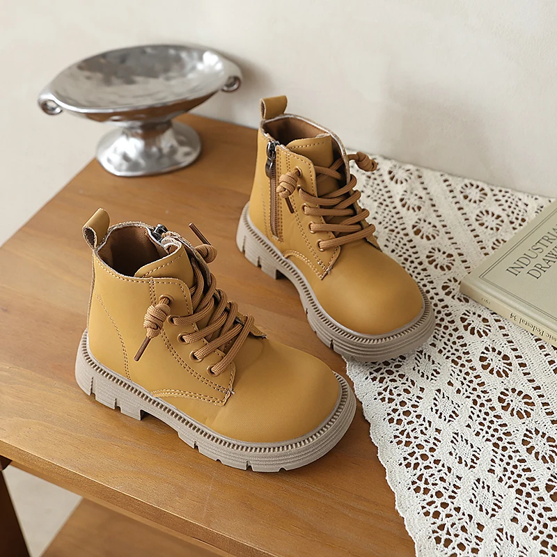 Toddler Kids Ankle Boots Retro Lace Up Children Fashion Platform Boots Side Zipper Non-slip Outdoor Short Boots for Boys Girls