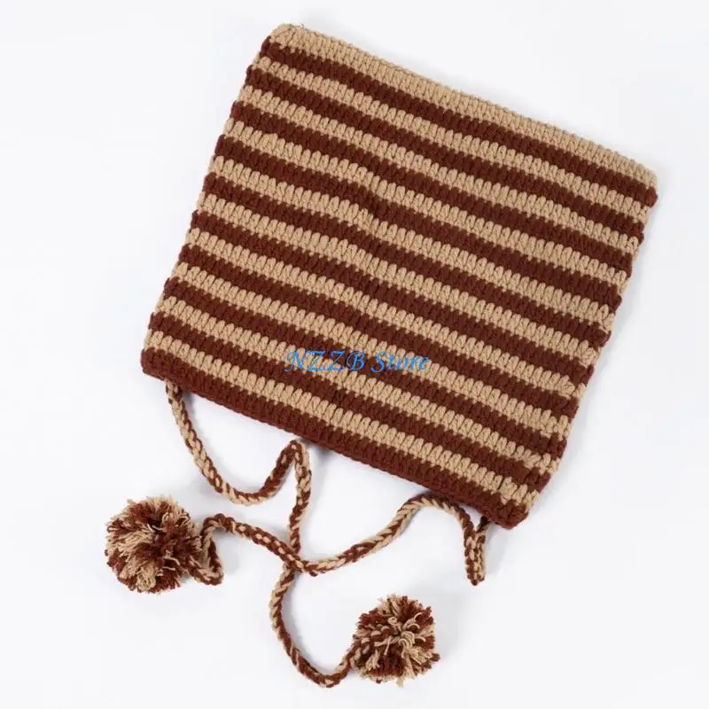 

T21F High Elastic Windproof Ear Hat Knitted Stripe Pattern Hat for Women Men Keep Ear Warm Hat with Dangle Pompoms Decor