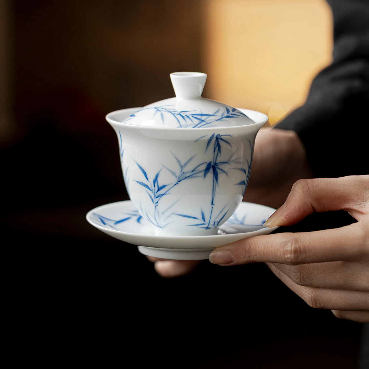 Pure Hand Drawing Blue and White Bamboo Shadow Egg-Shell Porcelain Ceramic Gaiwan Sweet Tea Cup Underglaze Chinese Kung Fu Set