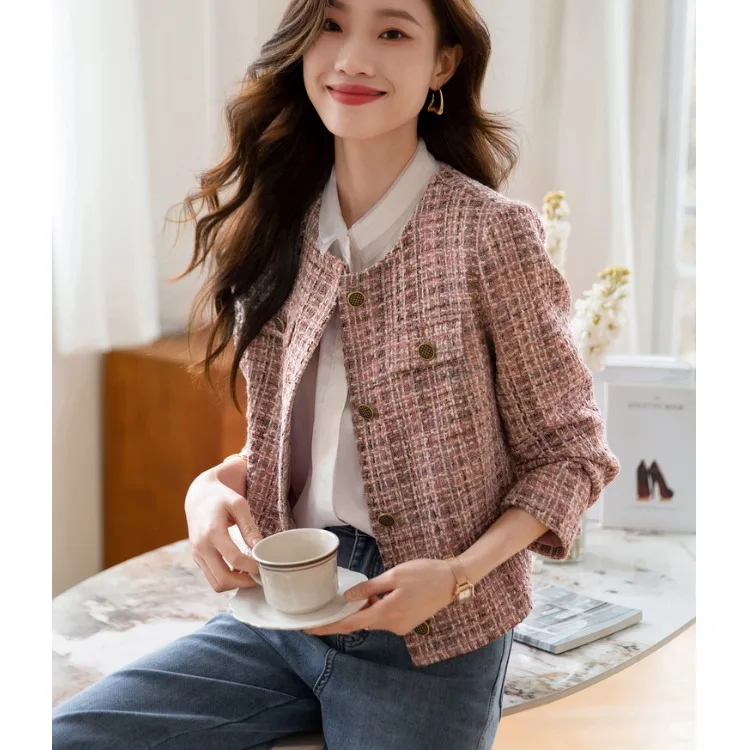 

Розовый твидовый ор-джат Женская верхняя одежда для похудения Ele Весна-Осень Новый Sle Small Fraance Sle Sweet Loose Fit Poly...